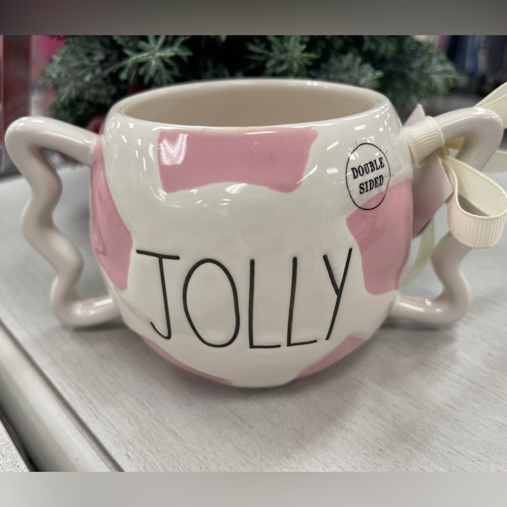 Rae Dunn Pink Christmas Jolly Candy Shaped Ceramic Coffee Mug NWT